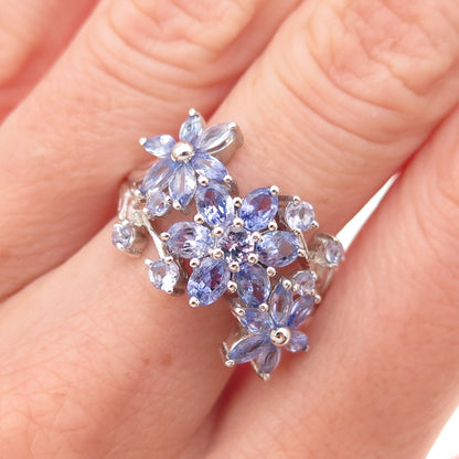 Chuck Clemency 925 Sterling Silver Real Tanzanite Floral Cluster Ring Size 8