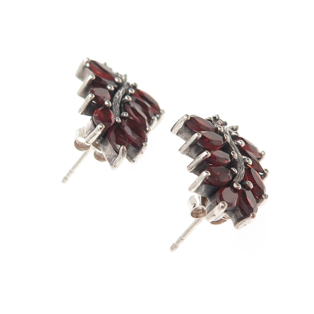 925 Sterling Silver Vintage Real Red Garnet Floral Oxidized Earrings