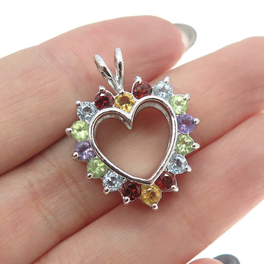 925 Sterling Amethyst Topaz Peridot Citrine & Garnet Double Sided Heart Pendant