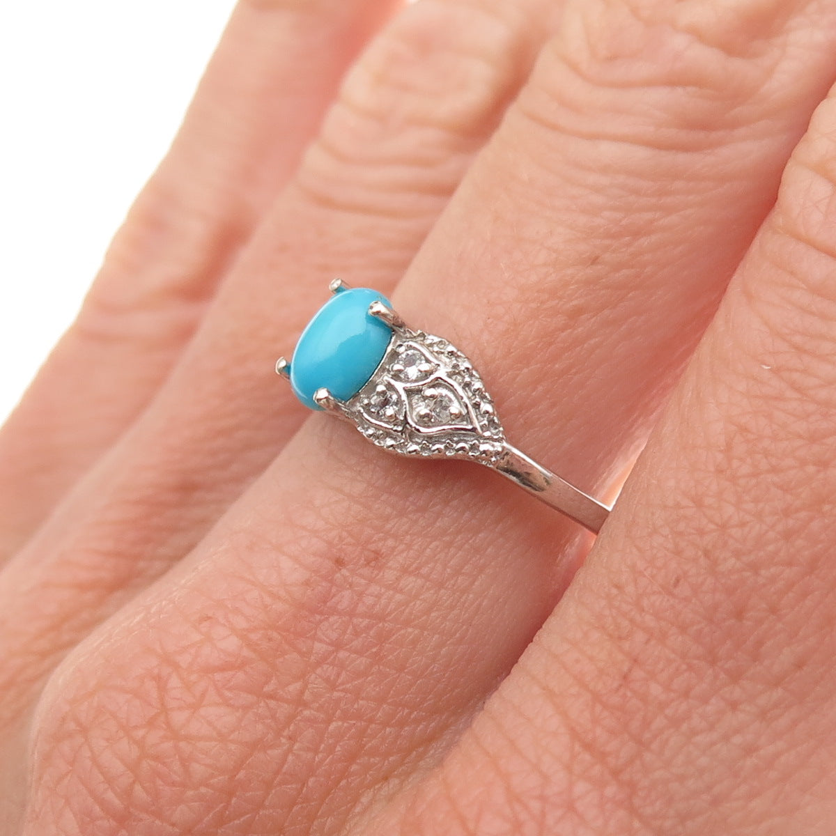 Chuck Clemency 925 Sterling Silver Real Turquoise & White Topaz Ring Size 8.25