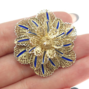 925 Sterling Silver Gold Plated Vintage Enamel Filigree Floral Pin Brooch