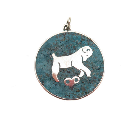 925 Sterling Silver Vintage Mexico Real Turquoise Aries Zodiac Charm Pendant