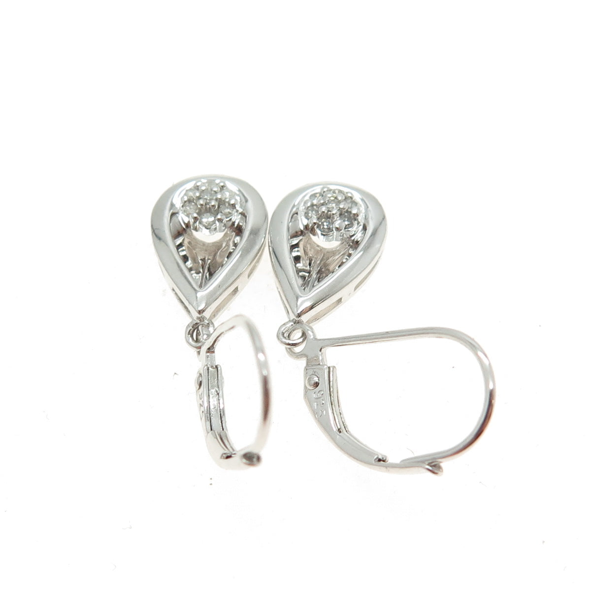 SUN 925 Sterling Silver Real Round-Cut Diamond Teardrop Dangle Earrings