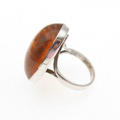 925 Sterling Silver Vintage Real Cabochon Amber Modernist Ring Size 7