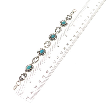 Beau 925 Sterling Silver Vintage Real Turquoise Filigree Oxidized Bracelet 7"