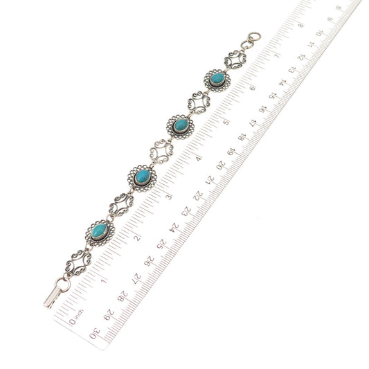 Beau 925 Sterling Silver Vintage Real Turquoise Filigree Oxidized Bracelet 7"