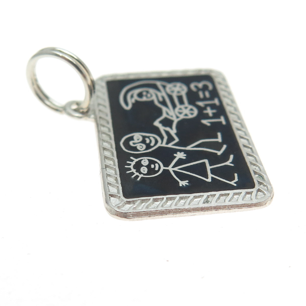 925 Sterling Silver Vintage Enamel Classroom Blackboard Family Sketch Pendant