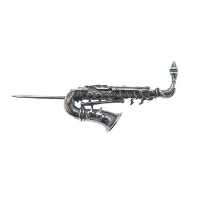 UNOAERRE 925 Sterling Silver Vintage Italy Saxophone Oxidized Lapel Pin