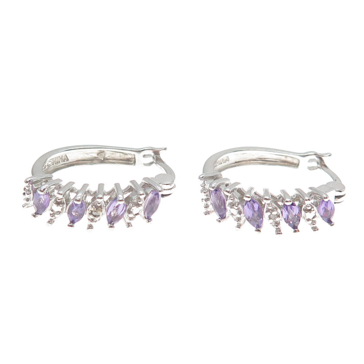 ROSS SIMONS 925 Sterling Silver Diamond Accent Amethyst Gem Hinged Hoop Earrings