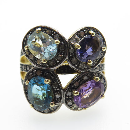 925 Sterling Silver Gold Plated Diamond Amethyst Swiss Blue Topaz Ring Size 7.5