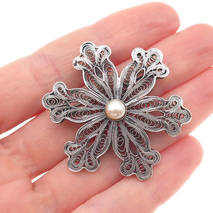 925 Sterling Silver Vintage Real Pearl Floral Filigree Oxidized Pin Brooch