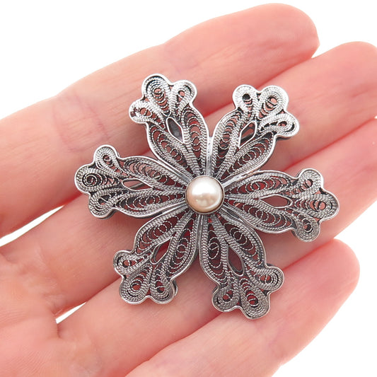 925 Sterling Silver Vintage Real Pearl Floral Filigree Oxidized Pin Brooch