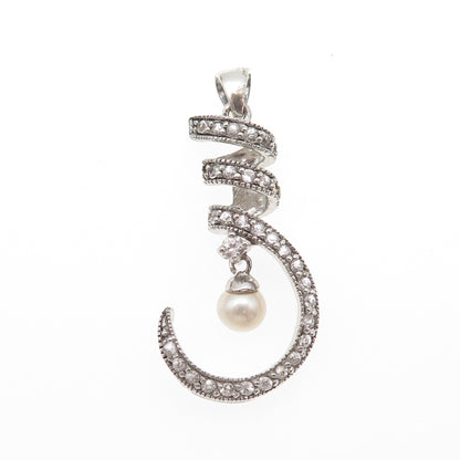 925 Sterling Silver Real Pearl & C Z Twisted Hook Charm Pendant