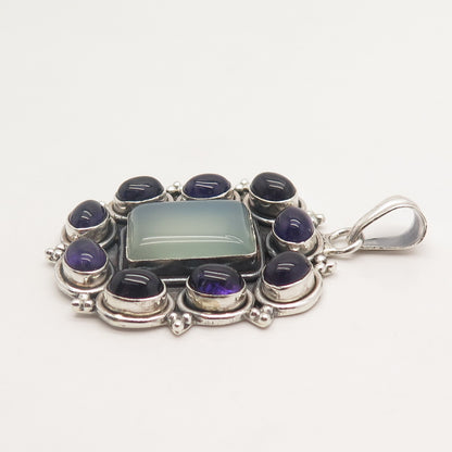 925 Sterling Silver Vintage Real Amethyst & Blue Chalcedony Gem Beaded Pendant
