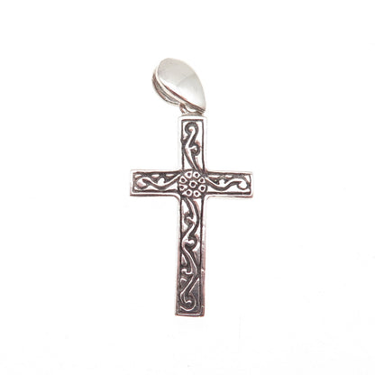 925 Sterling Silver Vintage Floral Ornate Cross Oxidized Charm Pendant