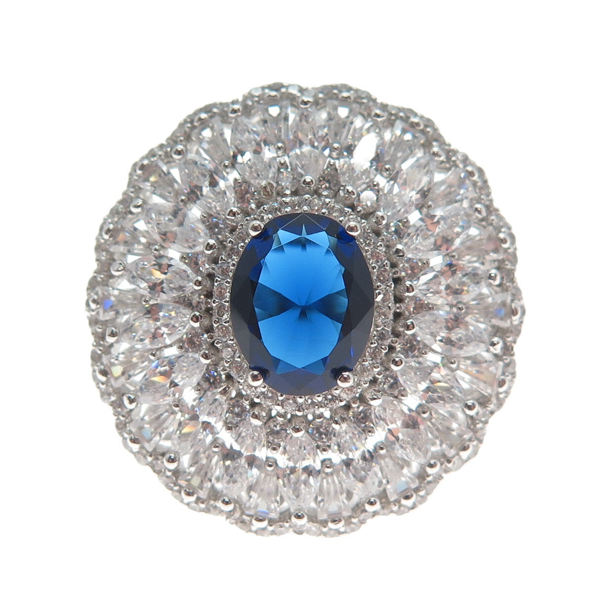 DSMK 925 Sterling Silver White & Blue Multi-C Z Cluster Statement Ring Size 7.25
