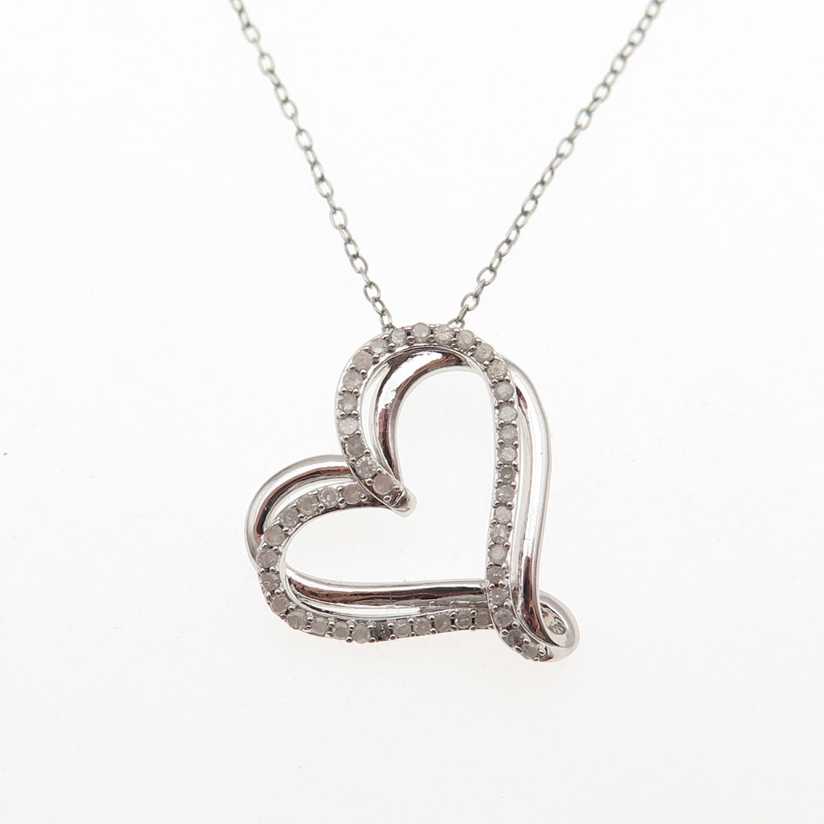 925 Sterling Silver Real Round-Cut Diamond Heart Cable Chain Necklace 18" w/ Box