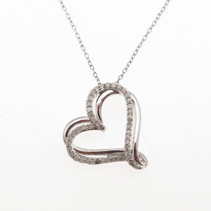 925 Sterling Silver Real Round-Cut Diamond Heart Cable Chain Necklace 18" w/ Box