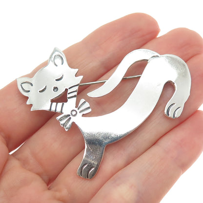 925 Sterling Silver Vintage Mexico Modernist Cat Oxidized Pin Brooch