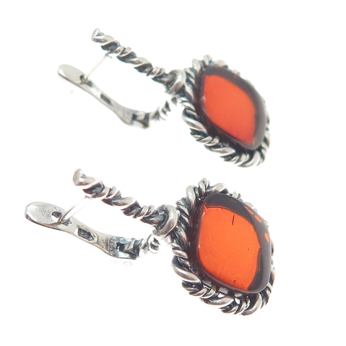 925 Sterling Silver Vintage Real Amber Roped Oxidized Earrings