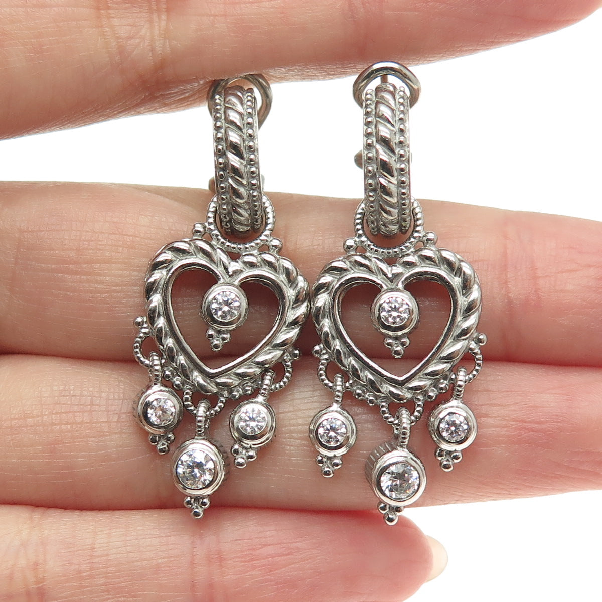 JUDITH RIPKA 925 Sterling Silver Round-Cut C Z Heart Charm Omega Back Earrings