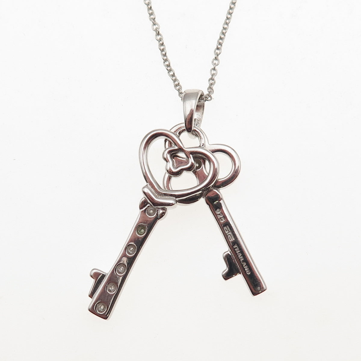 925 Sterling Silver Real Diamond Heart & Club Key Cable Chain Necklace 18"