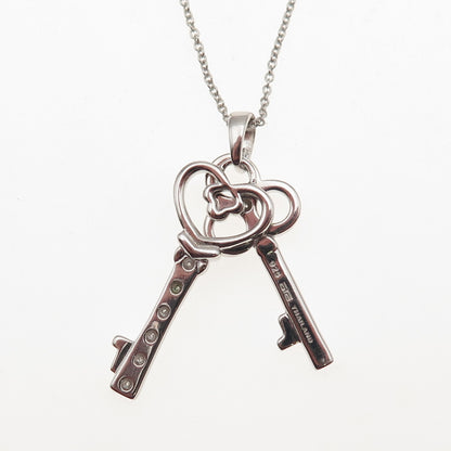925 Sterling Silver Real Diamond Heart & Club Key Cable Chain Necklace 18"