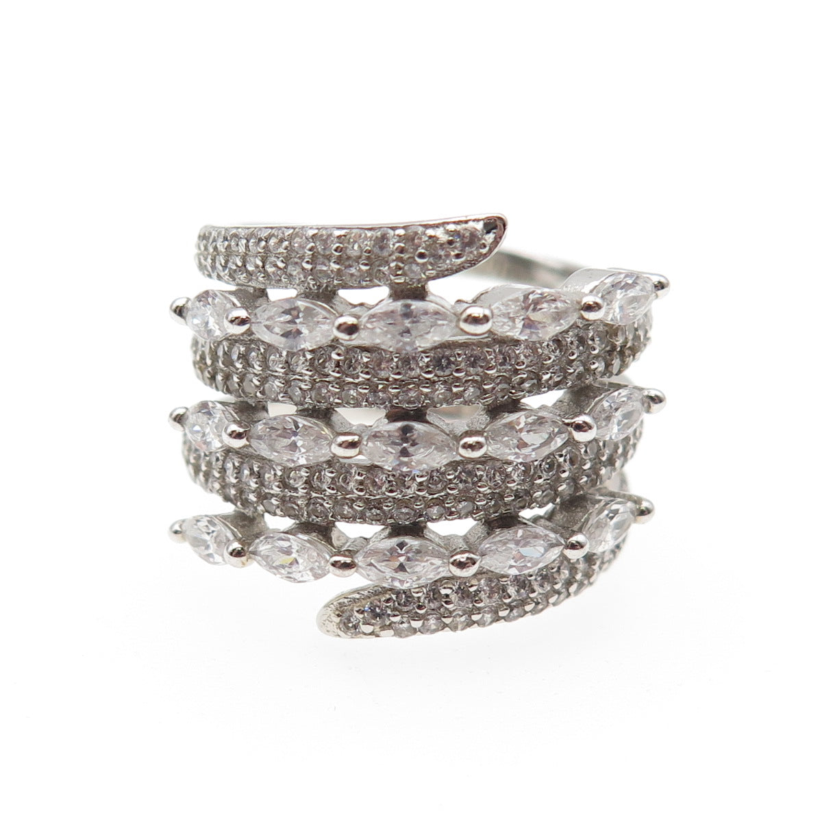 925 Sterling Silver Marquise & Round-Cut C Z Multi-Row Ring Size 6.25