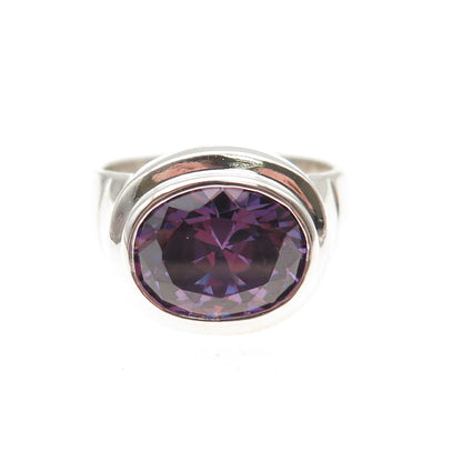 925 Sterling Silver Vintage Real Oval-Cut Amethyst Modernist Ring Size 9
