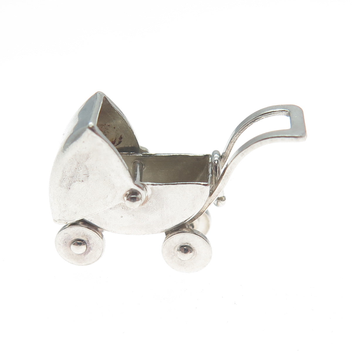 925 Sterling Silver Antique Art Deco Baby Stroller Minimalist 3D Charm Pendant