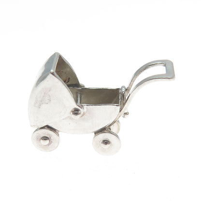 925 Sterling Silver Antique Art Deco Baby Stroller Minimalist 3D Charm Pendant