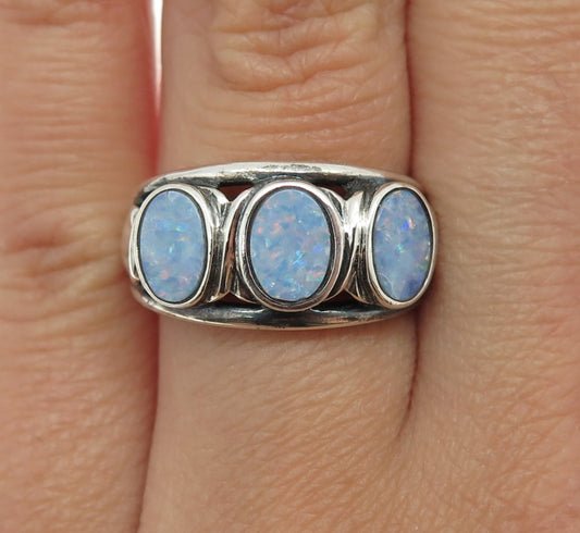 MICHELLE ALBALA 925 Sterling Silver Vintage Real Opal Oxidized Ring Size 7