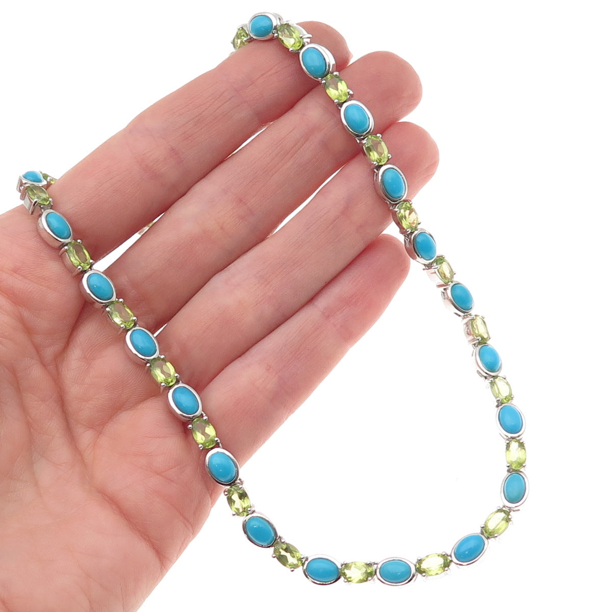 925 Sterling Silver Real Oval-Cut Turquoise & Peridot Chain Necklace 20"