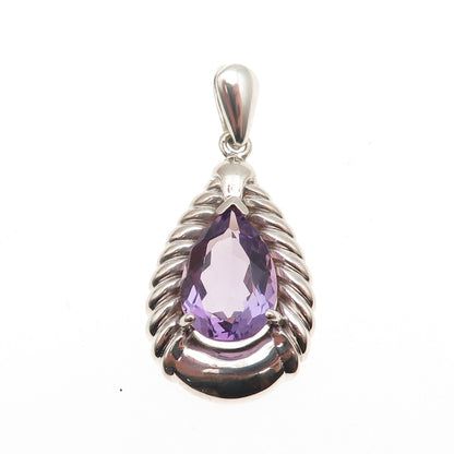 925 Sterling Silver Vintage Real Pear-Cut Amethyst Teardrop Charm Pendant