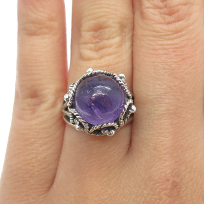 925 Sterling Silver Vintage Mexico Real Amethyst Gem Adjustable Ring Size 6.5