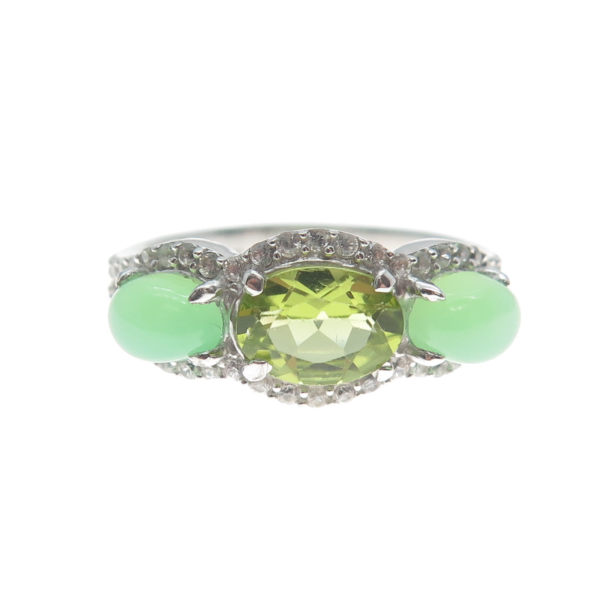 925 Sterling Silver Real Peridot Chalcedony & C Z Ring Size 7.5
