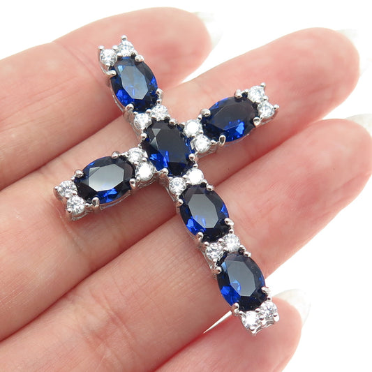 925 Sterling Silver Oval-Cut Blue & Round-Cut White C Z Cross Pendant