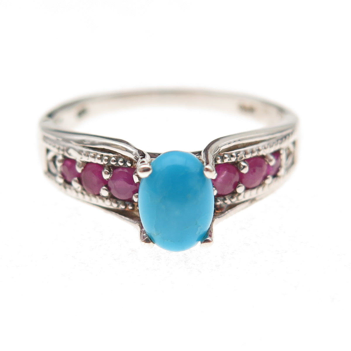 Chuck Clemency 925 Sterling Silver Real Turquoise & Ruby Ring Size 8.25