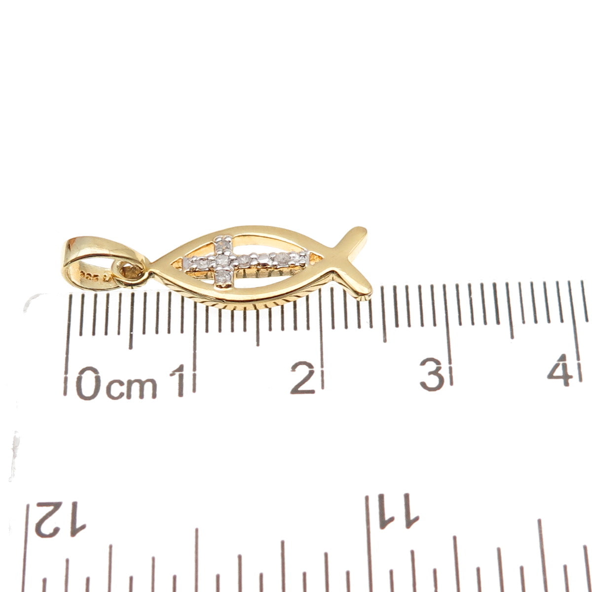 925 Sterling Silver Gold Plated Real Diamond Cross Ichthys Mini Charm Pendant