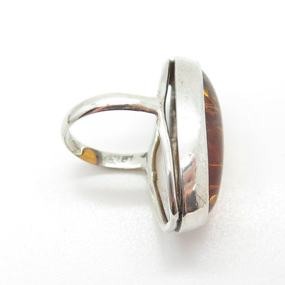 925 Sterling Silver Vintage European Real Amber Ring Size 5.25