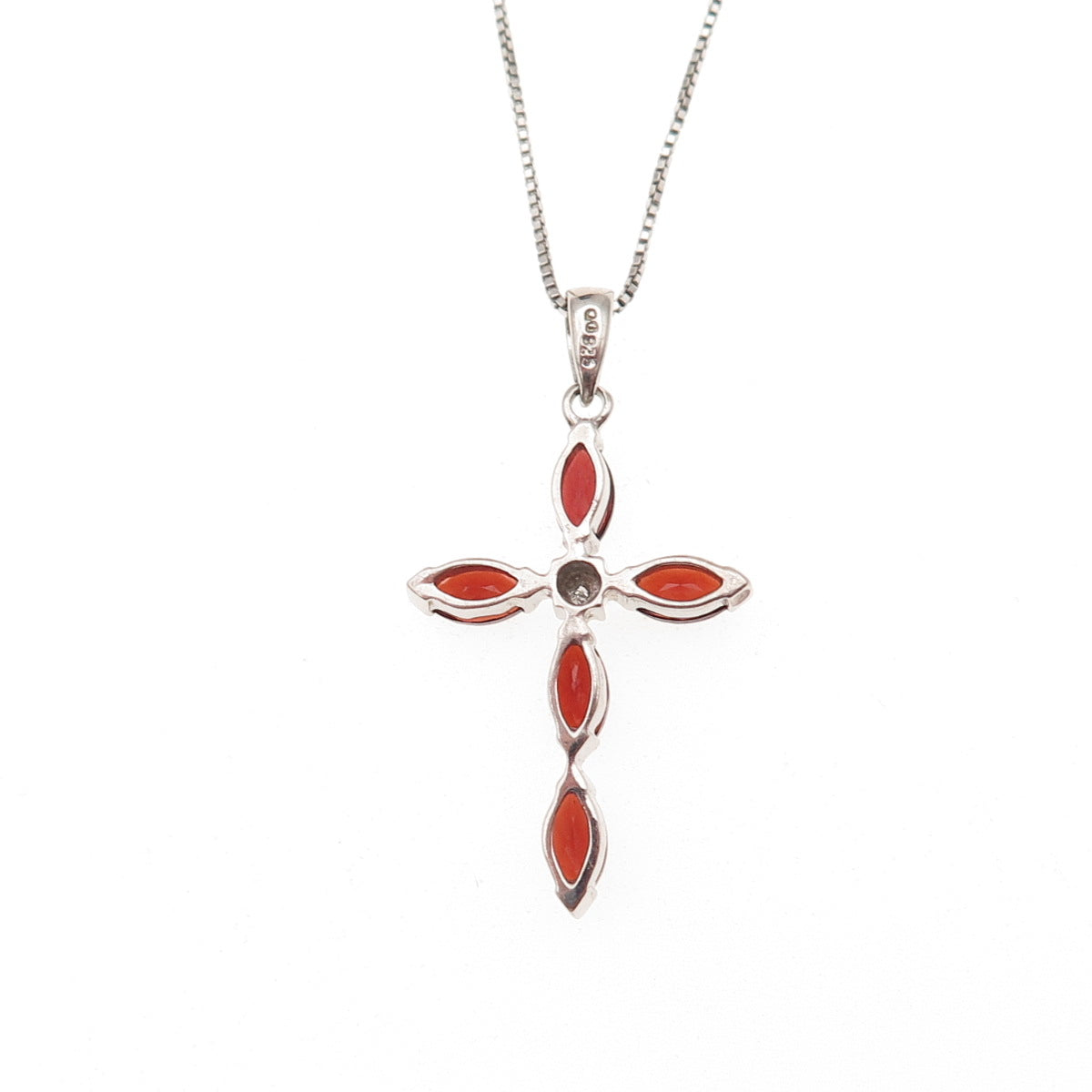 925 Sterling Silver Real Diamond Accent Red Garnet Cross Box Chain Necklace 18"