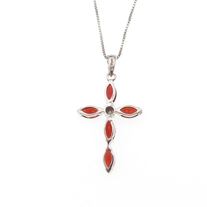 925 Sterling Silver Real Diamond Accent Red Garnet Cross Box Chain Necklace 18"
