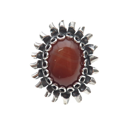 925 Sterling Vintage Brazil Real Agate Modernist Oxidized Adjustable Ring Size 6