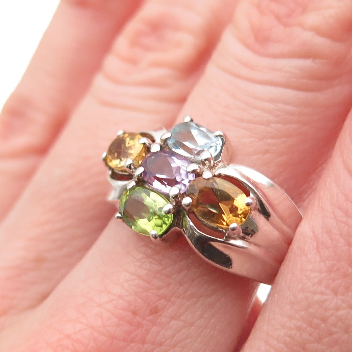 925 Sterling Silver Vintage Real Blue Topaz Amethyst Peridot Citrine Ring Size 8