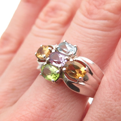 925 Sterling Silver Vintage Real Blue Topaz Amethyst Peridot Citrine Ring Size 8