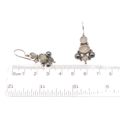 925 Sterling Silver Vintage Real Moonstone Labradorite Hematite Dangle Earrings