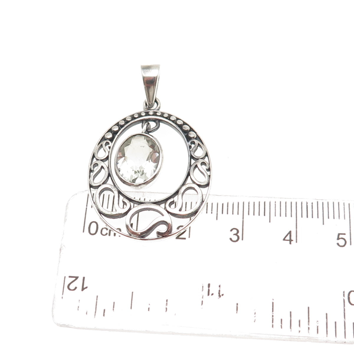 925 Sterling Silver Vintage Real Green Amethyst Crescent Charm Pendant