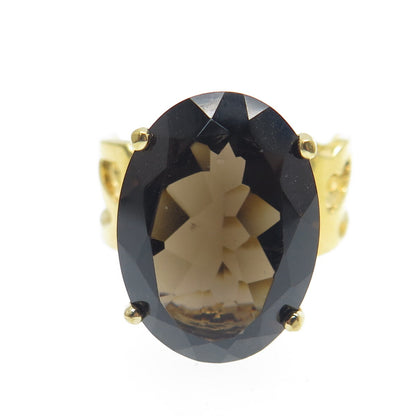 BADAVICI 925 Sterling Silver Gold Plated Real Oval-Cut Smoky Quartz Ring Size 8