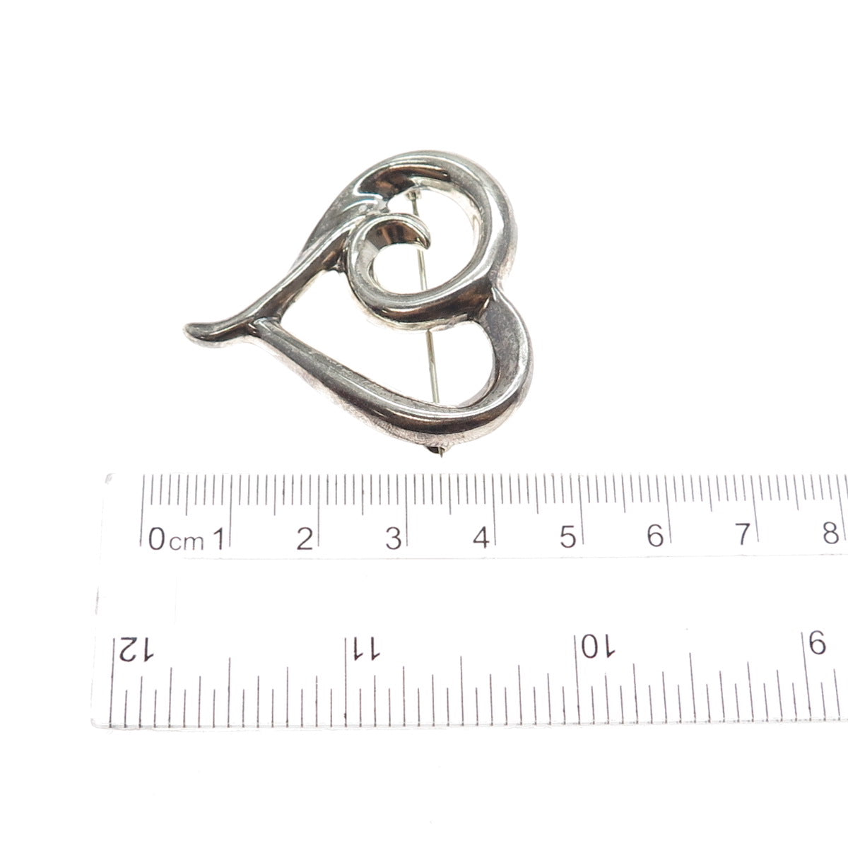 925 Sterling Silver Vintage Modernist Heart Oxidized Pin Brooch
