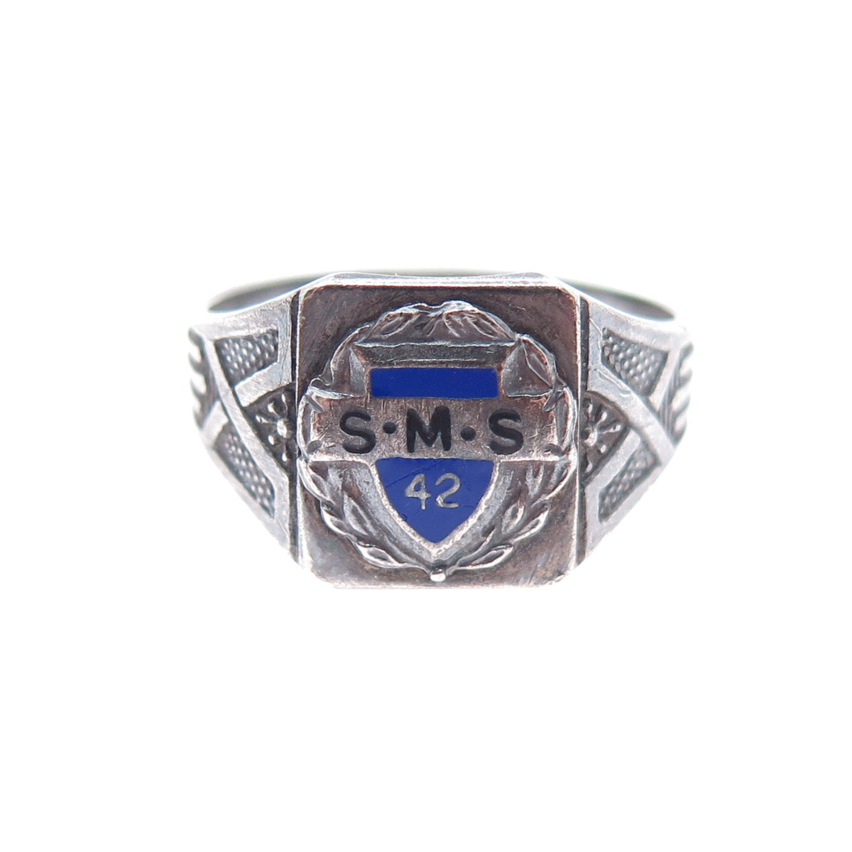 925 Sterling Silver Antique 1942 Enamel SMS College Oxidized Ring Size 10.75